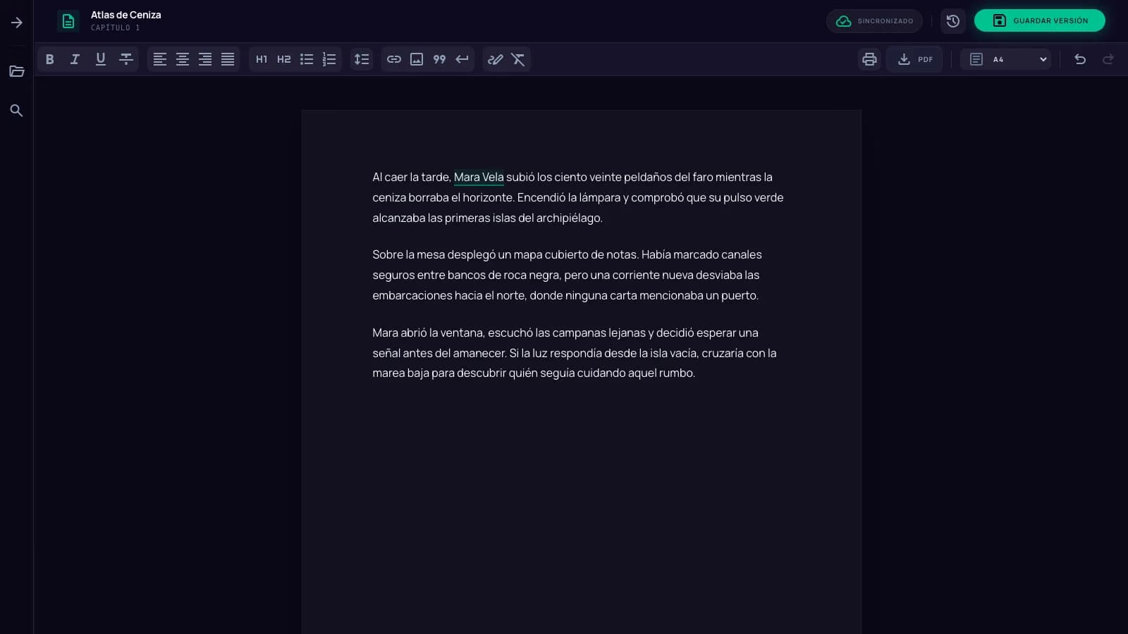 Captura del editor de KalliGraph con un capítulo abierto.